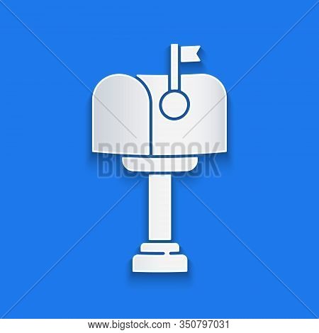 Paper Cut Mail Box Icon Isolated On Blue Background. Mailbox Icon. Mail Postbox On Pole With Flag. P