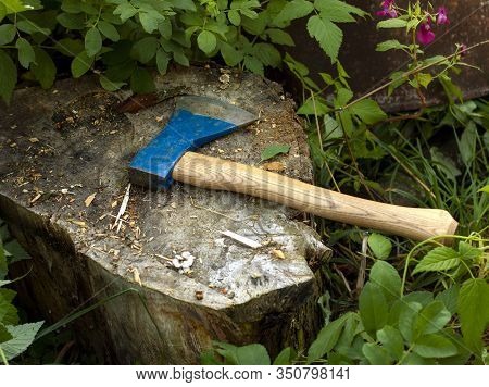 The Old Axe And Chopping Block For Chopping Wood With Axe. The Cutting Of Trees In Wood With Sharp A