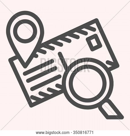 Postage Mail Tracking Line Icon. Location Map Pin With Envelope And Magnifier. Postal Service Vector