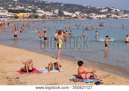 Salento, Italy - June 2, 2017: People Visit Maldives Di Pescoluse Beach In Salento Peninsula, Italy.