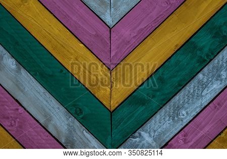Colorful Vintage Old Wooden Plank Wall Texture Background. Creative Wood Background. V Shaped, Symbo