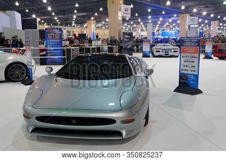 Philadelphia, Pennsylvania, U.s.a - February 9, 2020 -the Silver Jaguar Xj220 Supercar With 532 Hors