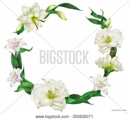 Bridal Round Shape Wreath With White Flowers, Realistic Traced Watercolor Illustration