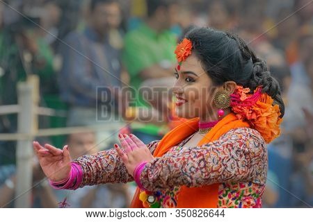 Kolkata, India - 1st March, 2018 : Beautiful Young Bengali Girls With Spring Festive Make Up , Joyfu