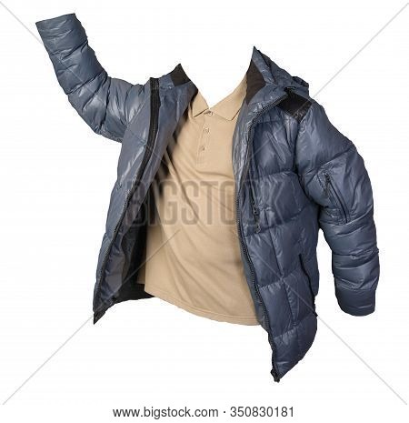 Mens Hakki T-shirt And Blue Jacket Isolated On White Background.casual Clothing