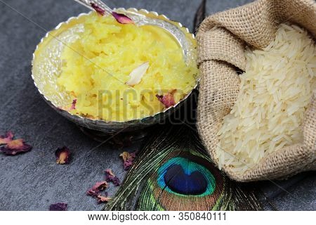 Sweet Rice Or Zarda Pulao On A Grey Background With Copy Space.