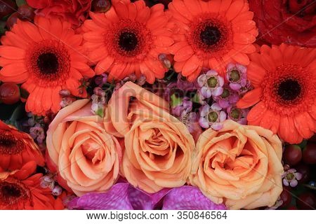 Pink And Orangeflowers In A Big Wedding Centerpiece, Roses And Gerberas