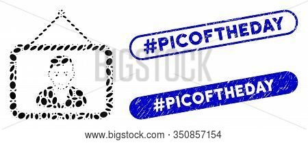 Mosaic Man Portrait And Rubber Stamp Seals With Hashtag Picoftheday Caption. Mosaic Vector Man Portr