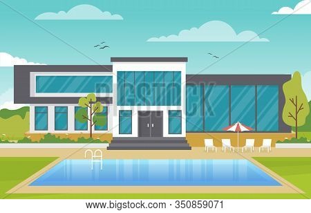 Modern House Villa Exterior With Swimming Pool At Backyard Illustration