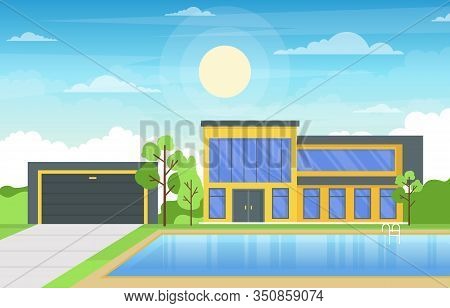 Modern House Villa Exterior With Swimming Pool At Backyard Illustration