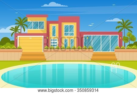 Modern House Villa Exterior With Swimming Pool At Backyard Illustration