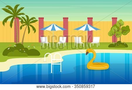 Modern House Villa Exterior With Swimming Pool At Backyard Illustration