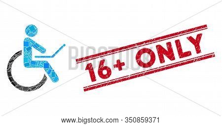 Mosaic Wheelchair Icon And Red 16 Plus Only Stamp Between Double Parallel Lines. Flat Vector Wheelch