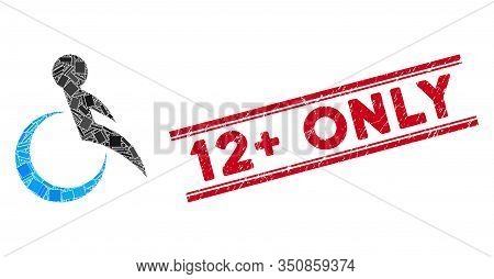 Mosaic Wheelchair Pictogram And Red 12 Plus Only Watermark Between Double Parallel Lines. Flat Vecto