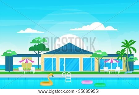 Modern House Villa Exterior With Swimming Pool At Backyard Illustration