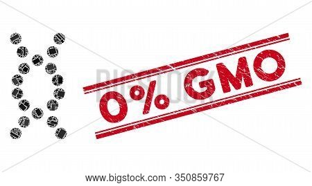 Mosaic Dna Helix Icon And Red 0 Percent Gmo Watermark Between Double Parallel Lines. Flat Vector Dna