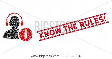 Mosaic Help Desk Icon And Red Know The Rules Exclamation Seal Stamp Between Double Parallel Lines. F