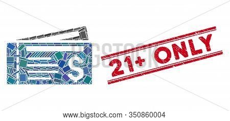 Mosaic Tickets Pictogram And Red 21 Plus Only Rubber Print Between Double Parallel Lines. Flat Vecto
