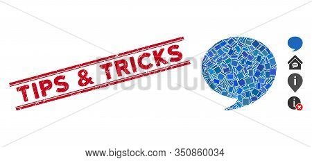 Mosaic Answer Pictogram And Red Tips And Tricks Seal Stamp Between Double Parallel Lines. Flat Vecto