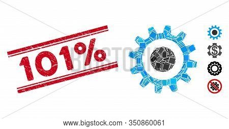 Mosaic Cogwheel Pictogram And Red 101 Percent Stamp Between Double Parallel Lines. Flat Vector Cogwh
