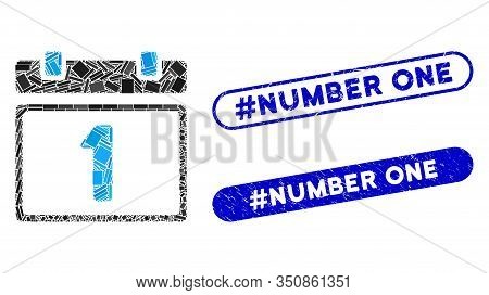 Mosaic First Day Calendar Page And Grunge Stamp Seals With Hashtag Number One Phrase. Mosaic Vector 