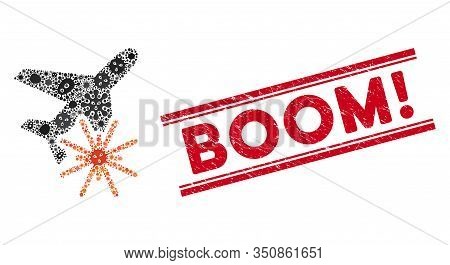 Pathogen Mosaic Aiplane Explosion Icon And Red Boom Exclamation Rubber Print Between Double Parallel
