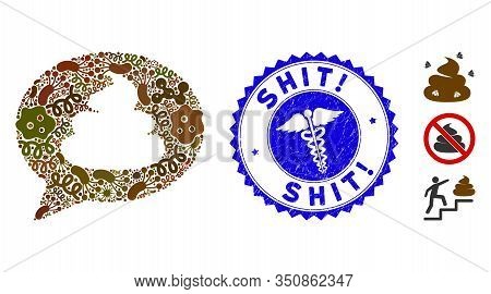 Biohazard Collage Shit Idea Balloon Icon And Round Rubber Stamp Watermark With Shit Exclamation Phra