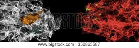 Flags Of Cyprus And China On Black Background, Cyprus Vs China Smoke Flags