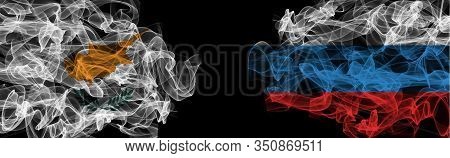 Flags Of Cyprus And Russia On Black Background, Cyprus Vs Russia Smoke Flags