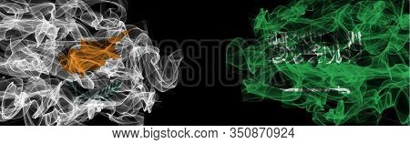 Flags Of Cyprus And Saudi Arabia On Black Background, Cyprus Vs Saudi Arabia Smoke Flags
