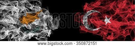 Flags Of Cyprus And Turkey On Black Background, Cyprus Vs Turkey Smoke Flags