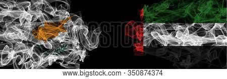 Flags Of Cyprus And Uae On Black Background, Cyprus Vs United Arab Emirates Smoke Flags