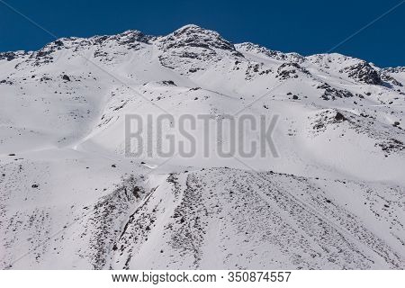 Natural Monument El Morado, Central Andes Of Chile. Beautiful Landscape Of Snowy Rocky Mountain.