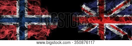 Flags Of Norway And United Kingdom On Black Background, Norway Vs United Kingdom Smoke Flags
