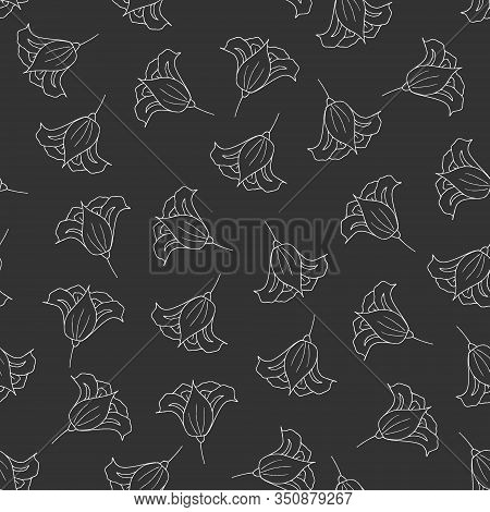 Seamless Pattern Of Doodle Flower Icon Iris. Hand Drawn Line Brush Element For Wedding, Birthday, Gr