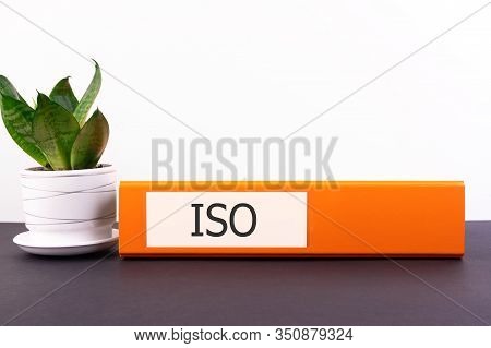 Iso Office Folder Lies On A Dark Table With A Flowerpot And A Flower On A Light Background