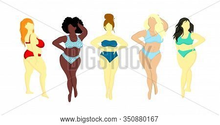 Women With Different Skin Colors. Afroamer Ikan, European, Asian, Scandinavian. Body Positive Concep