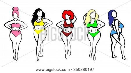 Women With Different Skin Colors. Afroamer Ikan, European, Asian, Scandinavian. Body Positive Concep