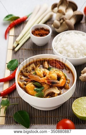 Tom Yum Goong Thai Soup With Prawns And Mushrooms.