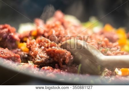 Close Up Of Minced Meat Food Cooking. Healthy Food. Tasty Food. Nutritious Food. Close Up Of Cooking
