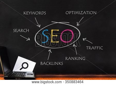 Seo Optimization. Laptop On Seo Word On Dark Wall