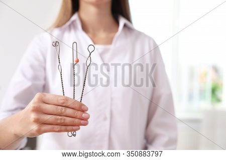 Speech Therapist With Logopedic Probes In Clinic, Closeup. Space For Text