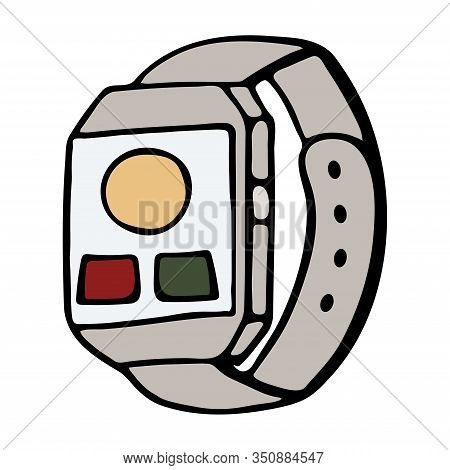 Fitness Tracker Smart Watch With Heart Rate Monitor, Cartoon Doodle Vector Style Design. Modern Styl