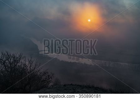 Sunrise Time On Radobyl Hill Over Valley Of River Labe And Litomerice Town