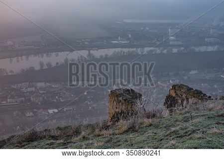 Sunrise Time On Radobyl Hill Over Valley Of River Labe And Litomerice Town