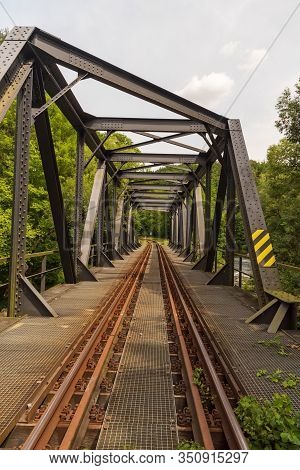 Railway Track With Bridge Above Weisse Elster River Near Plauen City In Germany