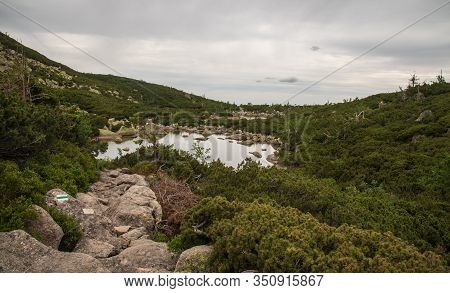 Two Small Sniezne Stawli Lakes With Stone Hiking Trail In Karkonosze Mountains In Poland