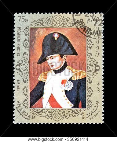 Cancelled Postage Stamp Printed By Sharjah, That Shows Napoleon Bonaparte, Circa 1972.