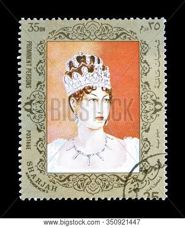 Cancelled Postage Stamp Printed By Sharjah, That Shows Empress Josephine De Beauharnais, Circa 1972.