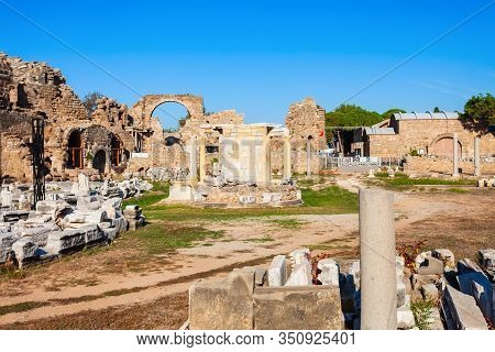 Side Tyche Temple At The Ancient City Of Side In Antalya Region On The Mediterranean Coast Of Turkey
